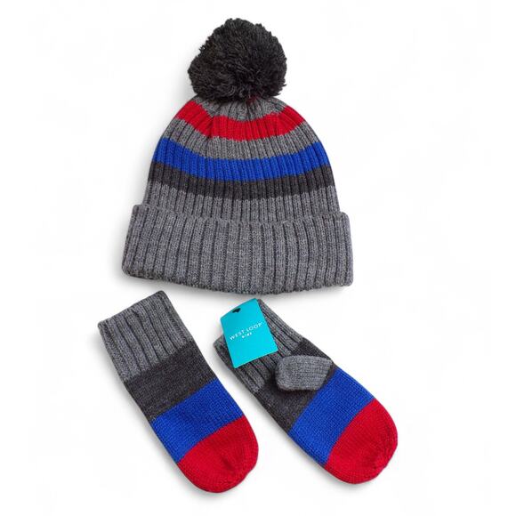 West Loop Kid's Hat Mitten Set Ribbed Pom Pom Gray Blue Red One Size - Picture 2 of 2